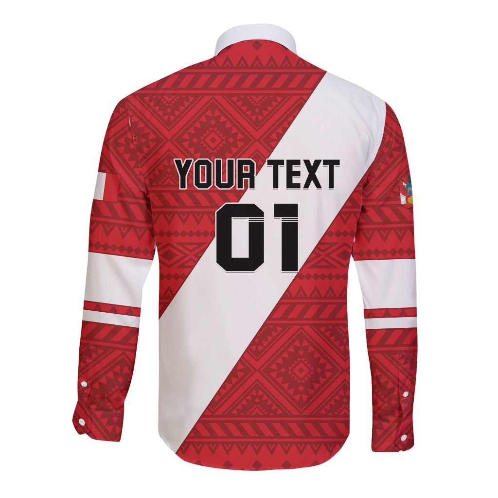 Personalized red and white football button shirt, long sleeves; back text and number 01