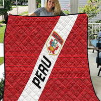 Red and white Peru football quilt blanket with diagonal stripe and LA BICOLOR crest