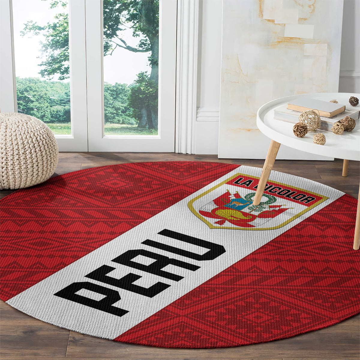 Red round rug with white strip and black PERU text, LA BICOLOR crest near top