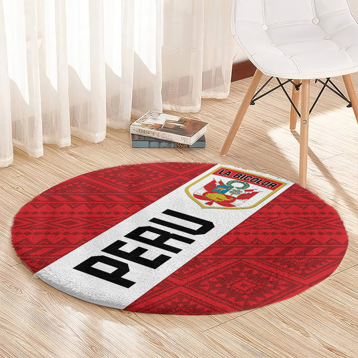 Red round carpet rug with white band, bold black PERU letters, and LA BICOLOR badge