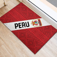 Red Peru football rubber doormat, white center stripe with PERU lettering and La Bicolor crest