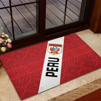 Red patterned Peru football doormat with white side stripe showing PERU and La Bicolor logo