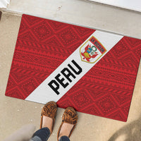 Red Peru football rubber doormat with white diagonal stripe, La Bicolor crest and black lettering