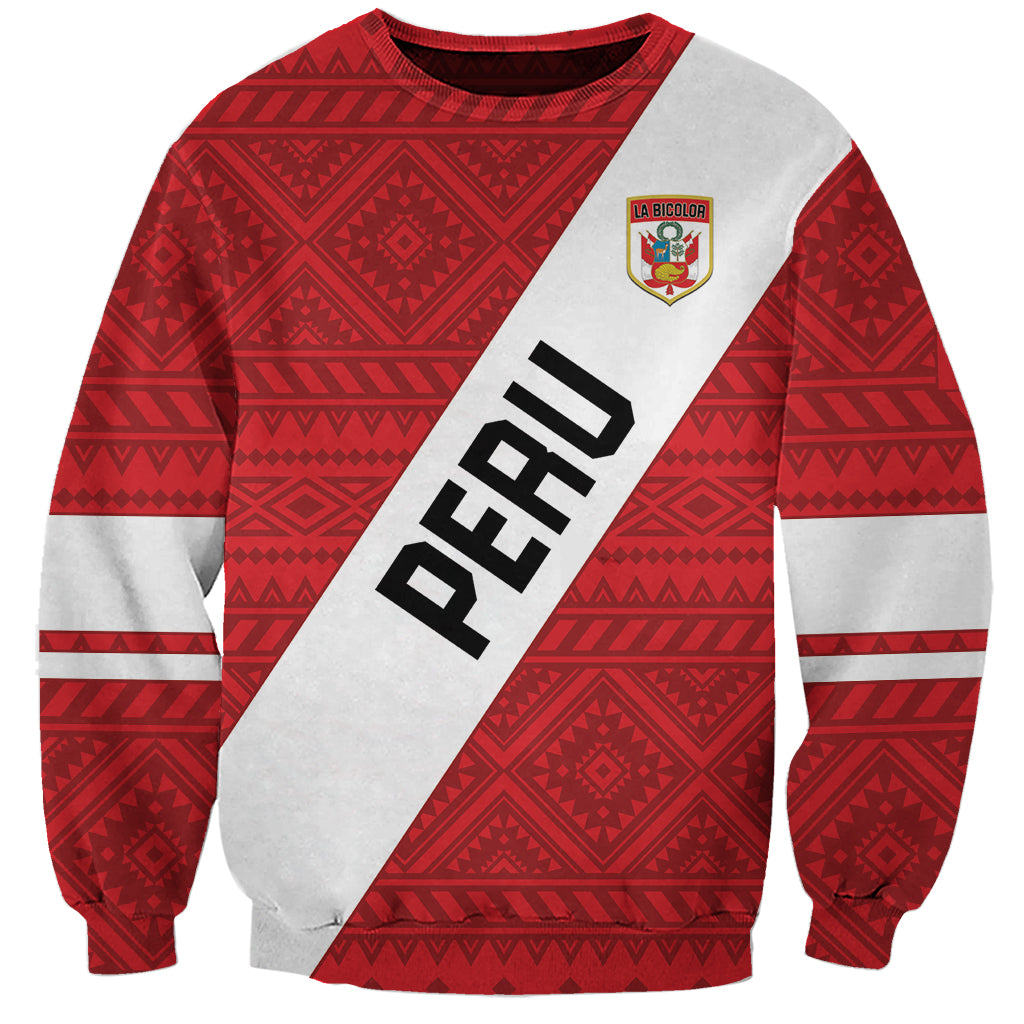 Red and gray football sweatshirt with diagonal white panel, PERU print, and La Bicolor badge