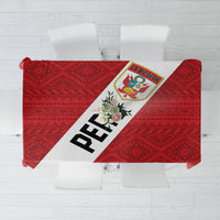 Red football tablecloth with black geometric stripe and diagonal logo panel