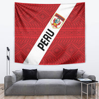 Red Peru 2024 football tapestry with white diagonal stripe, PERU text, and crest at top