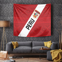Red Peru 2024 football tapestry with white diagonal stripe, PERU text, and La Bicolor crest