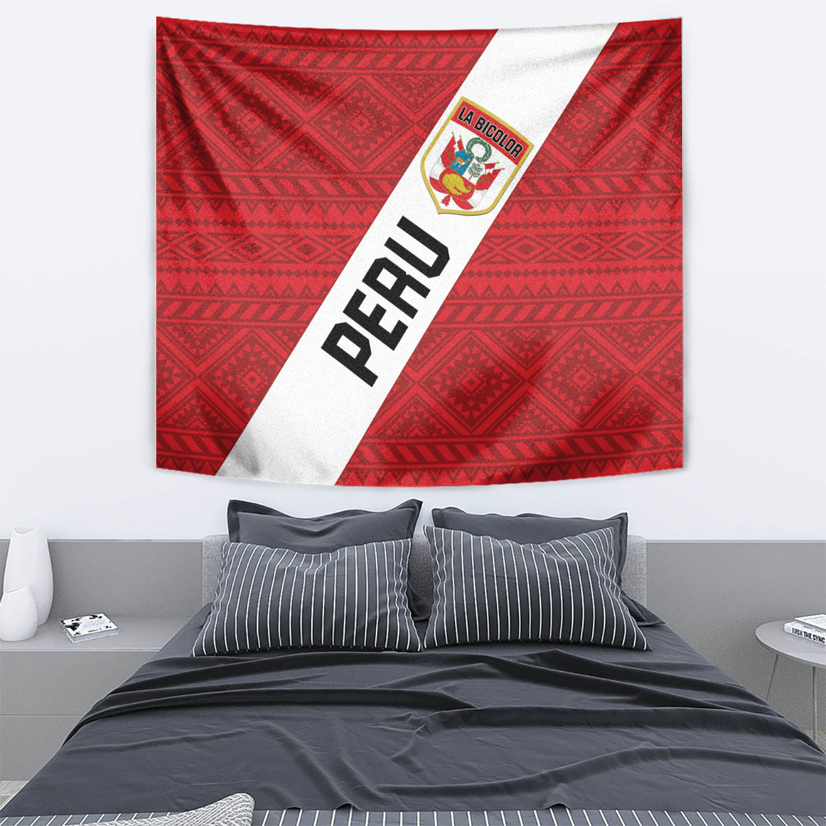 Red Peru football tapestry with white diagonal stripe, PERU lettering, and crest badge