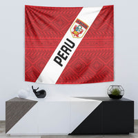 Red Peru 2024 football tapestry featuring white diagonal band, PERU lettering, and crest