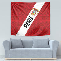 Red Peru 2024 football tapestry with white diagonal panel, PERU text, and La Bicolor crest