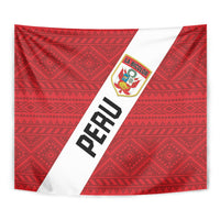 Close-up red Peru football tapestry with white diagonal stripe, PERU lettering, and crest