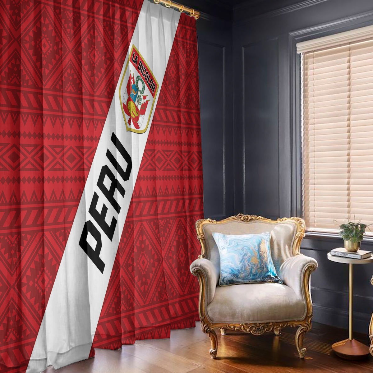 Red and white Peru football window curtain panels with crest emblem and vertical text