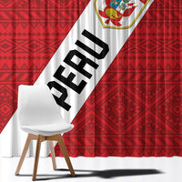 Red and white Peru football window curtain panels with large diagonal “PERU” lettering