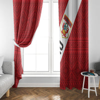 Red and white Peru football window curtain panels framing a window opening