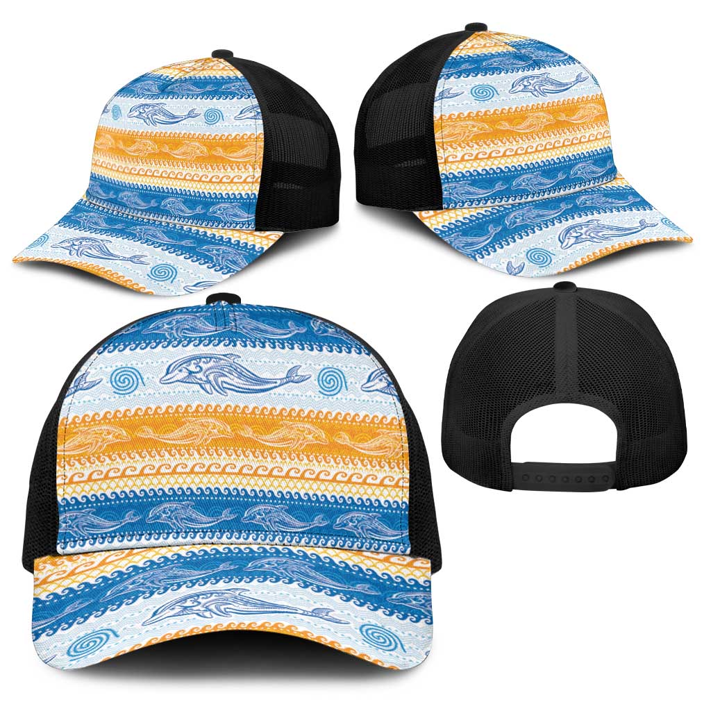 Anguilla Dolphins Pattern Baseball Net Cap Orange And Blue - Wonder Print Shop
