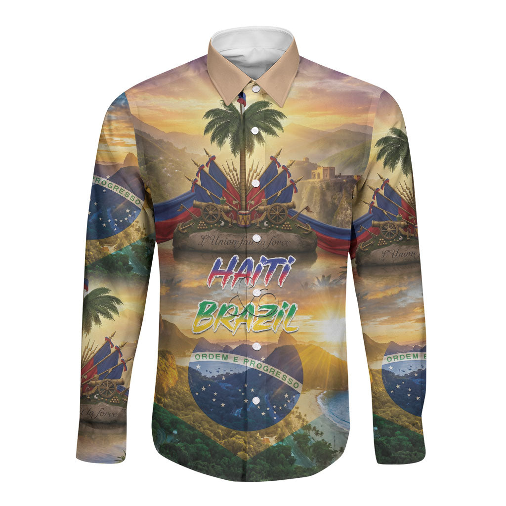 Personalized Brazil Haiti Long Sleeve Button Shirt Heritage Landscape