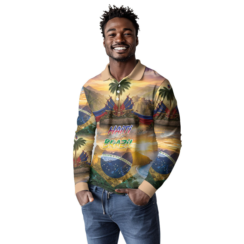 Personalized Brazil Haiti Long Sleeve Polo Shirt Heritage Landscape