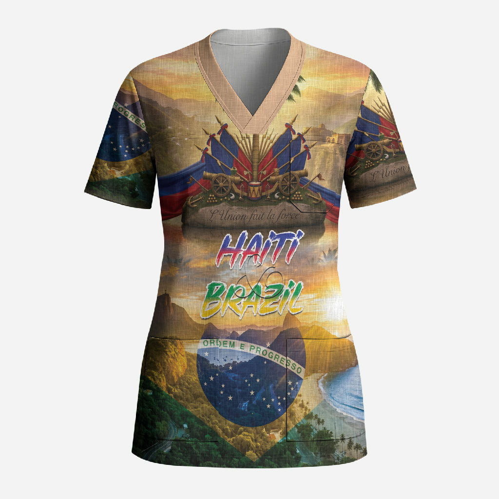 Personalized Brazil Haiti Scrub Top Heritage Landscape