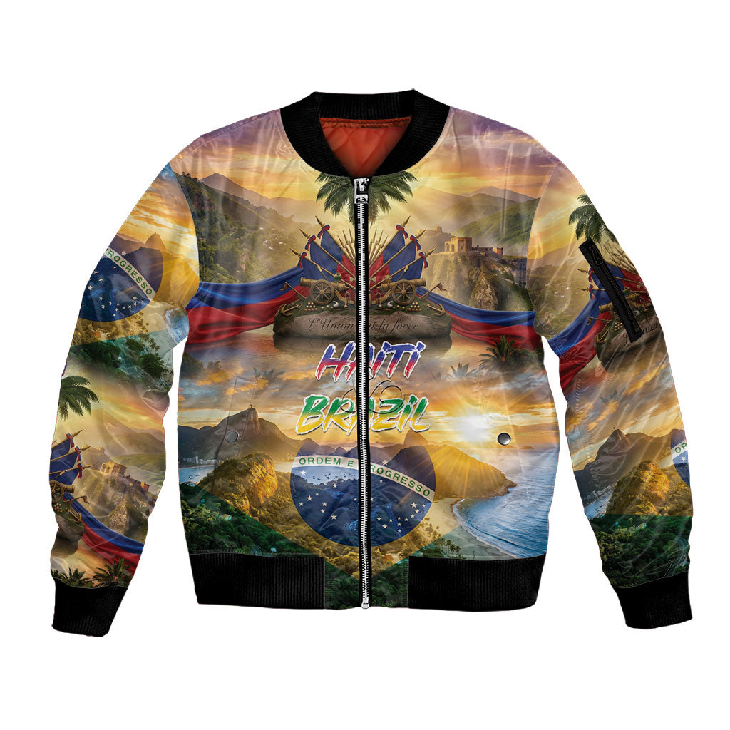Personalized Brazil Haiti Sleeve Zip Bomber Jacket Heritage Landscape