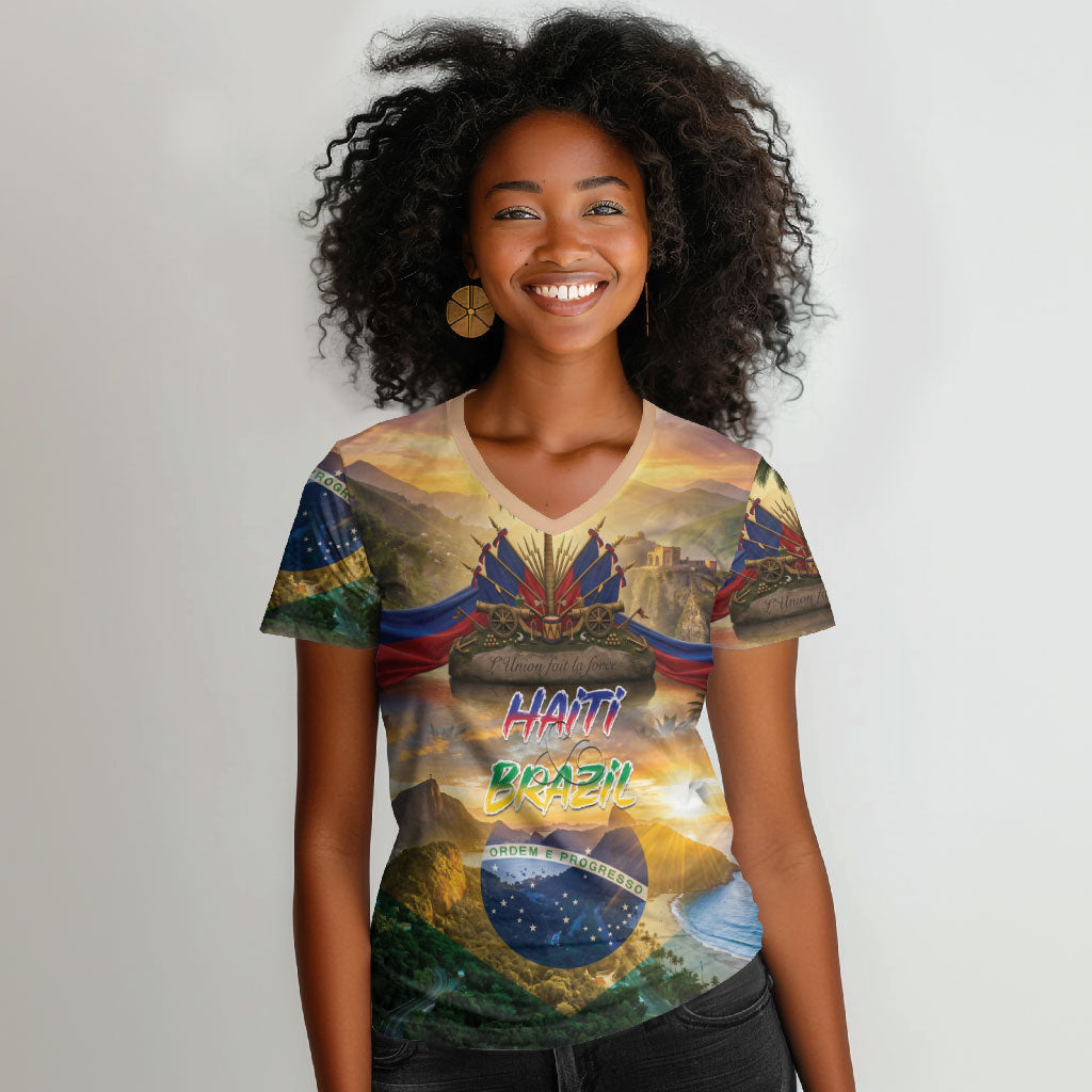 Personalized Brazil Haiti Women V-Neck T-Shirt Heritage Landscape