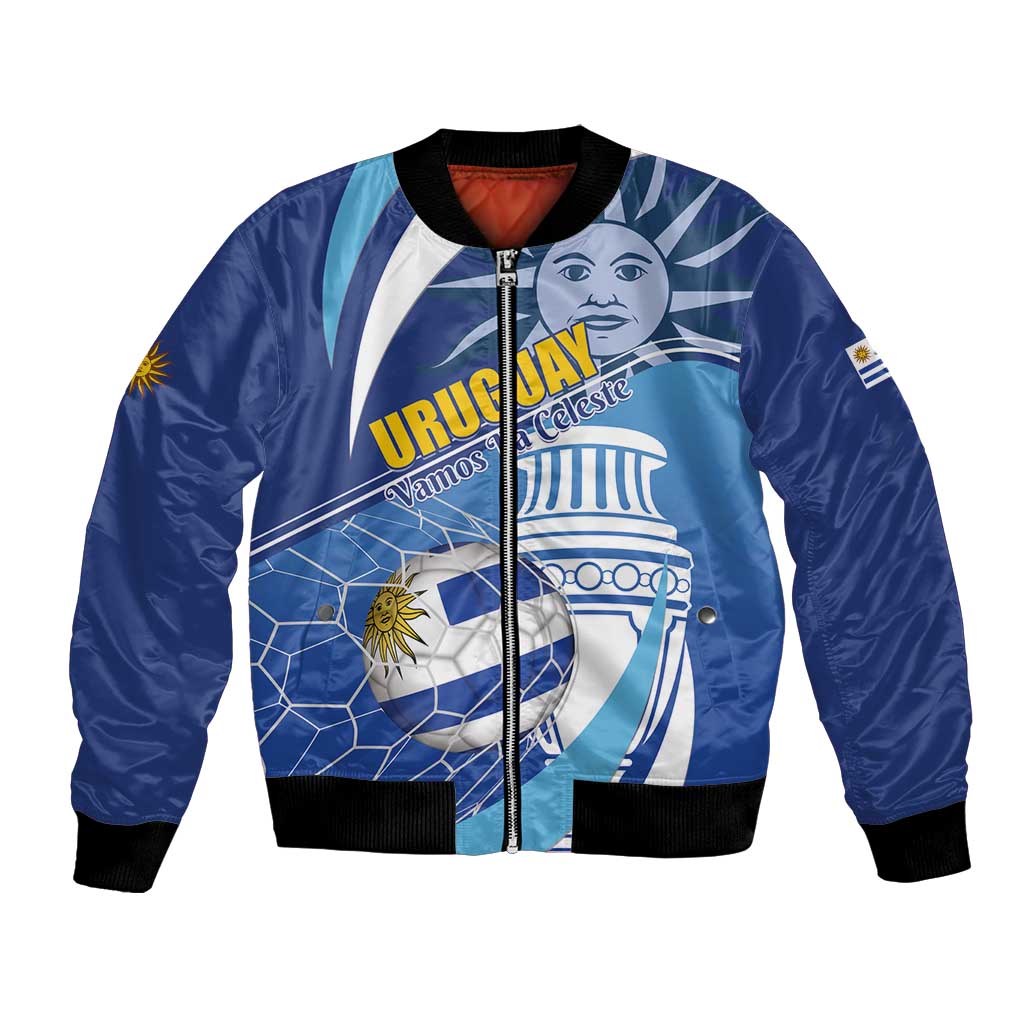 Unisex blue bomber jacket with zip, Uruguay flag graphic and sun mascot patch, black rib cuffs