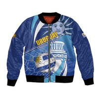 Unisex blue bomber jacket with zip, Uruguay flag graphic and sun mascot patch, black rib cuffs