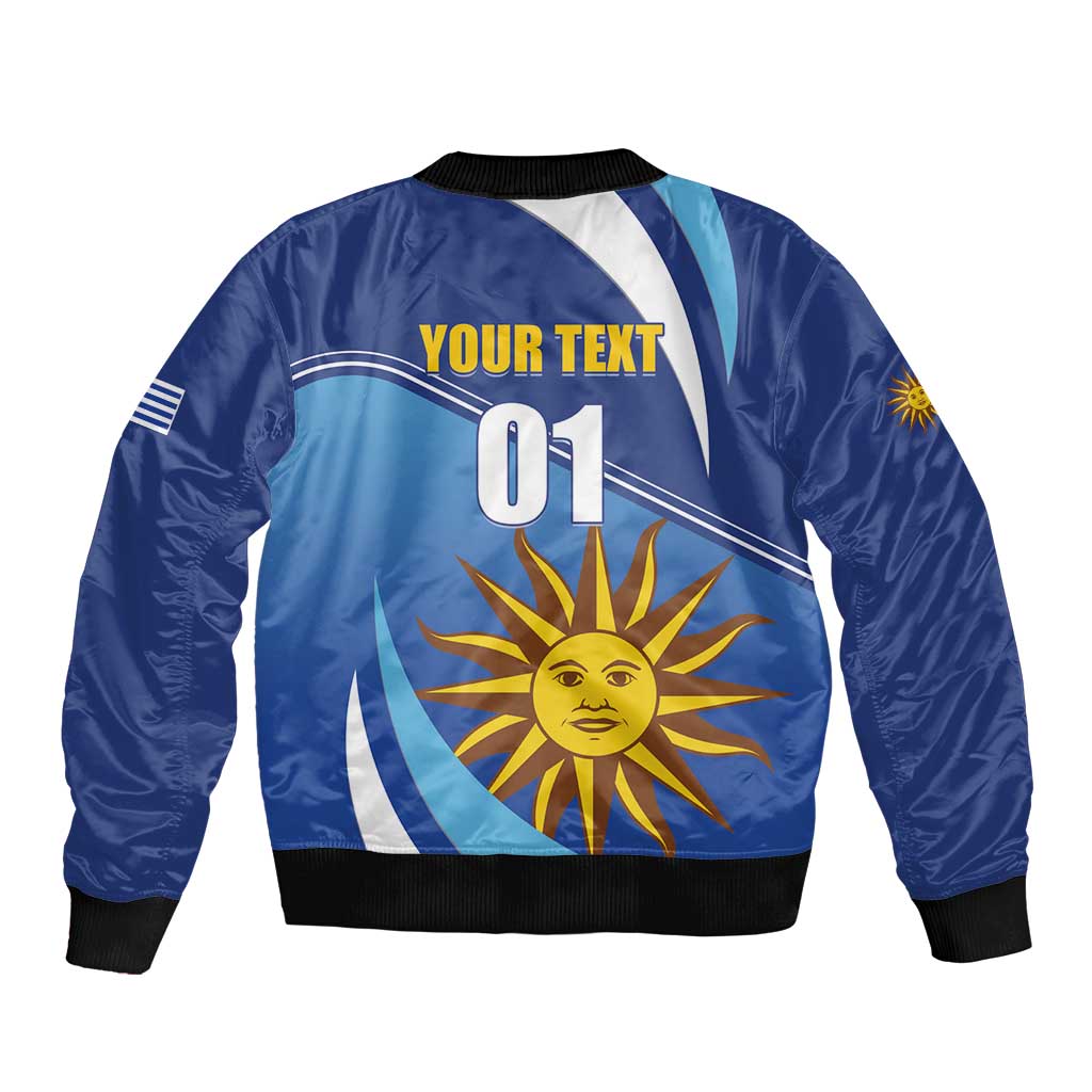 Unisex blue bomber jacket back with '01' and sun design, black rib hem and cuffs