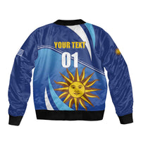 Unisex blue bomber jacket back with '01' and sun design, black rib hem and cuffs