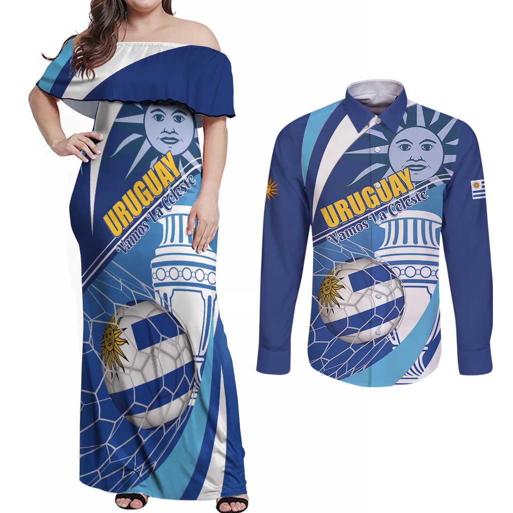 Uruguay 2024 Football Champions Couples Matching Off Shoulder Maxi Dress and Long Sleeve Button Shirt Vamos La Celeste - Wonder Print Shop