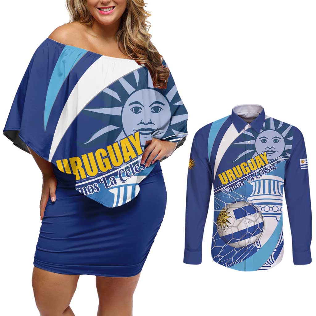 Uruguay 2024 Football Champions Couples Matching Off Shoulder Short Dress and Long Sleeve Button Shirt Vamos La Celeste - Wonder Print Shop