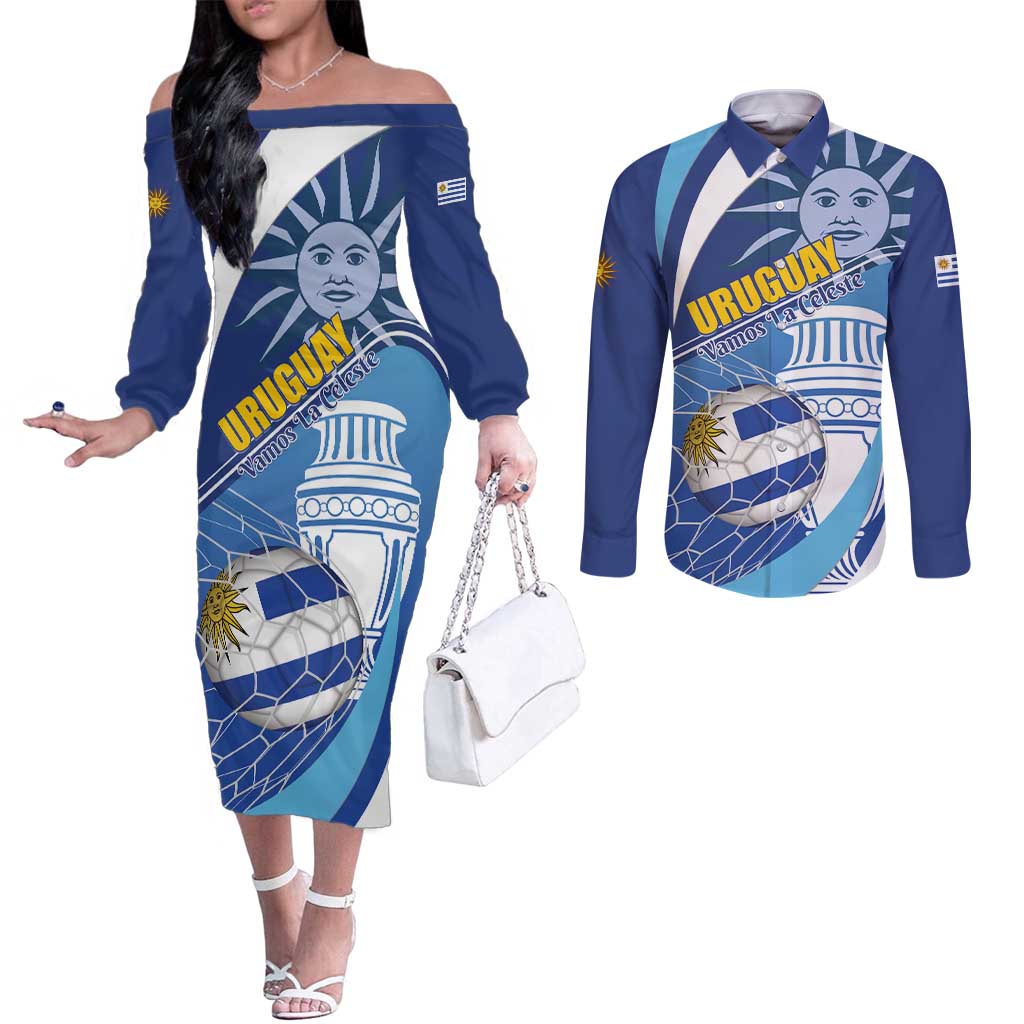 Uruguay 2024 Football Champions Couples Matching Off The Shoulder Long Sleeve Dress and Long Sleeve Button Shirt Vamos La Celeste