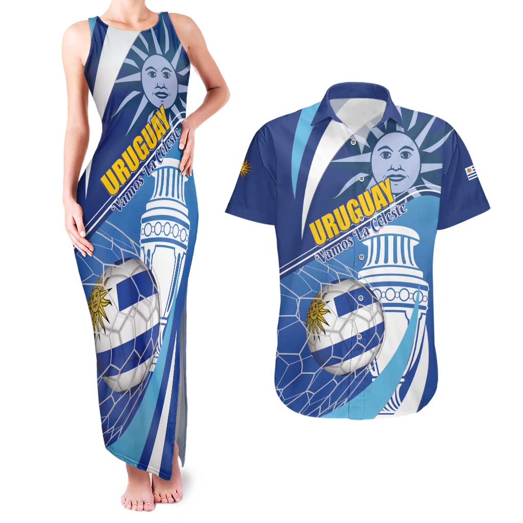 Uruguay 2024 Football Champions Couples Matching Tank Maxi Dress and Hawaiian Shirt Vamos La Celeste - Wonder Print Shop