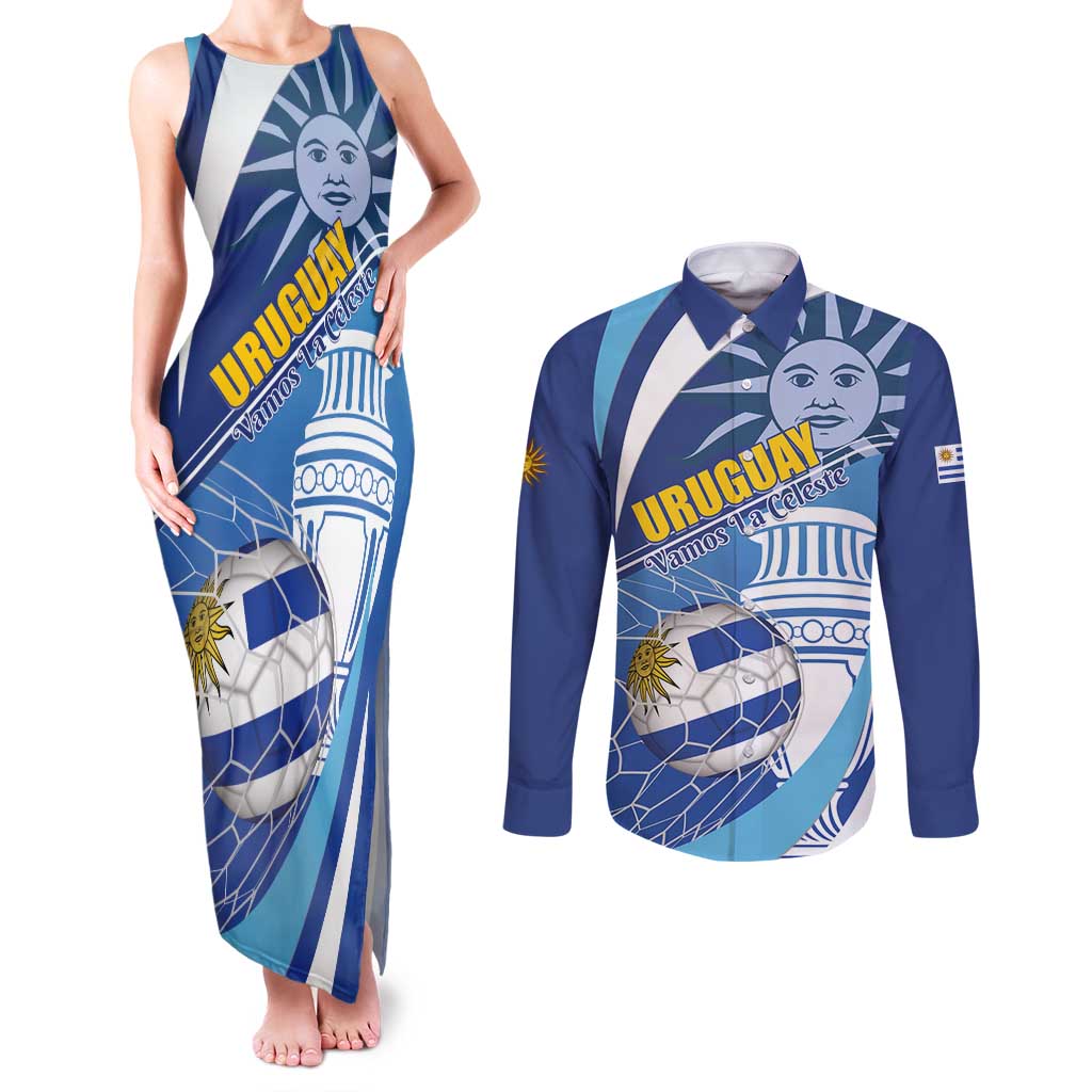 Uruguay 2024 Football Champions Couples Matching Tank Maxi Dress and Long Sleeve Button Shirt Vamos La Celeste - Wonder Print Shop