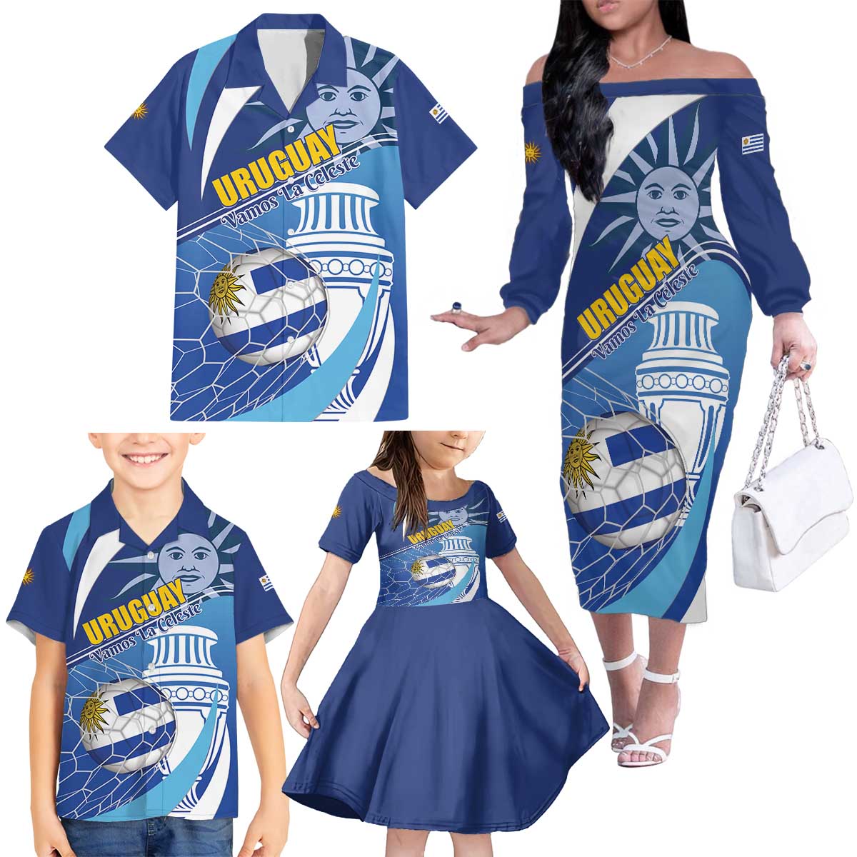 Uruguay 2024 Football Champions Family Matching Off The Shoulder Long Sleeve Dress and Hawaiian Shirt Vamos La Celeste - Wonder Print Shop