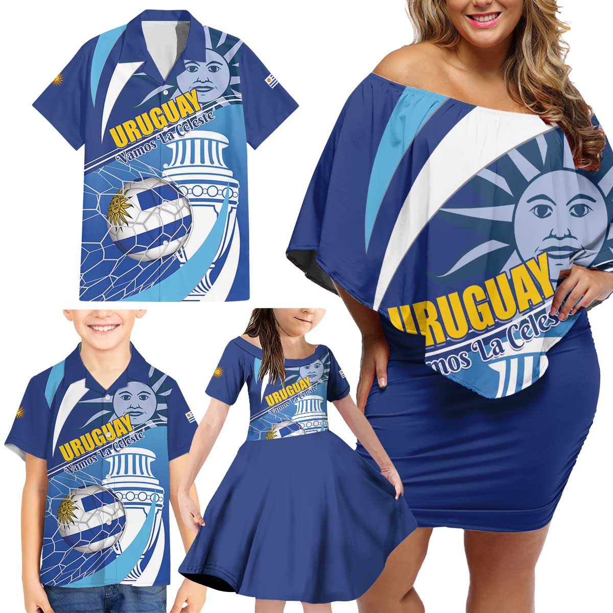 Uruguay 2024 Football Champions Family Matching Off Shoulder Short Dress and Hawaiian Shirt Vamos La Celeste - Wonder Print Shop