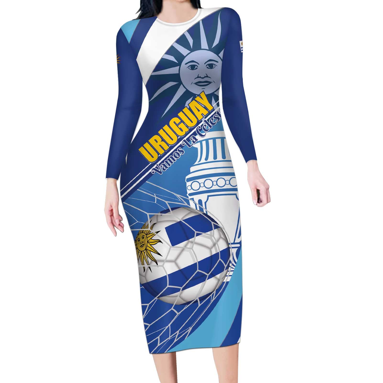 Uruguay 2024 Football Champions Long Sleeve Bodycon Dress Vamos La Celeste - Wonder Print Shop