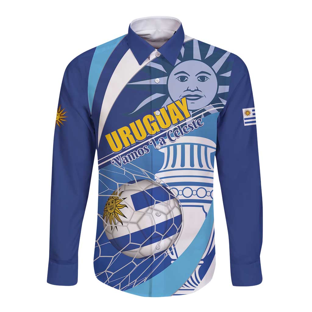 Blue long sleeve button shirt with Uruguay crest, sun graphic, and flag patch