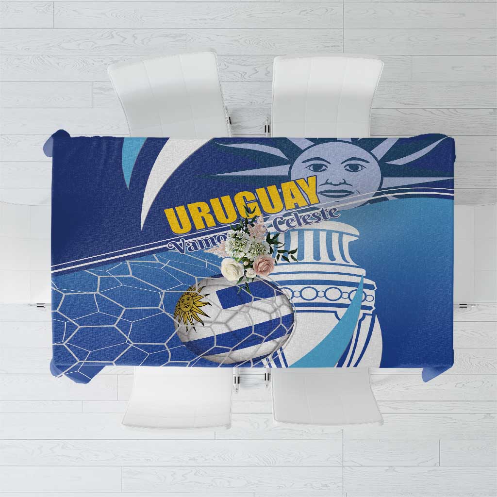 Blue Uruguay football tablecloth with crest, stars, and goal net illustration