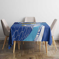 Blue football tablecloth with Uruguay graphic and white stripe panel on a rectangular table