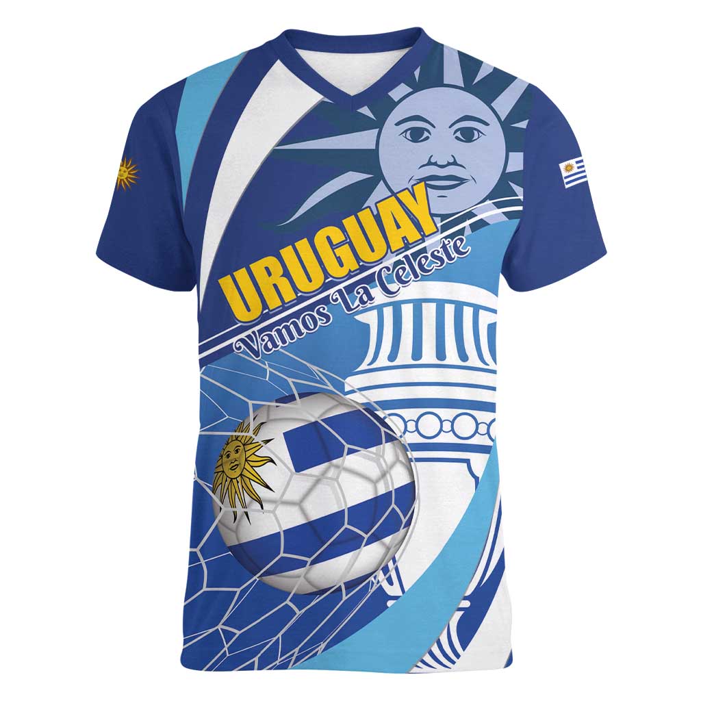 Uruguay 2024 Football Champions Women V-Neck T-Shirt Vamos La Celeste - Wonder Print Shop