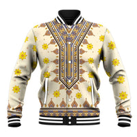Unisex baseball jacket in light beige with yellow floral dashiki pattern and ribbed trim