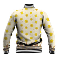 Unisex baseball jacket back in light beige with yellow floral dashiki pattern and ribbed hem