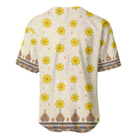 Dashiki baseball jersey, cream with yellow floral pattern and geometric hem trim (back)