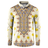 Long-sleeve dashiki sweatshirt, off-white with blue-brown trim and yellow flower print