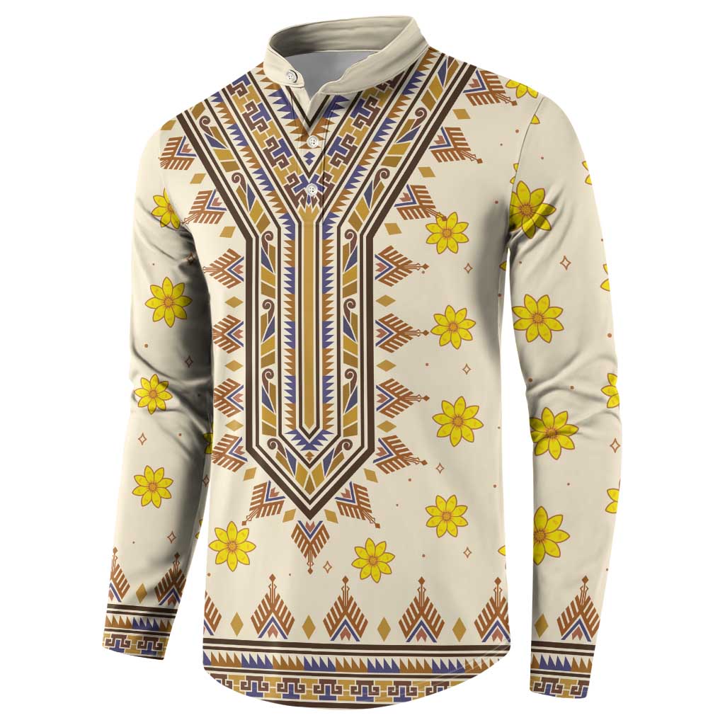 Long-sleeve dashiki sweatshirt, off-white with blue geometric trim and yellow flower print