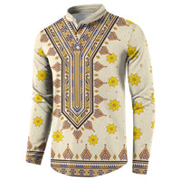 Long-sleeve dashiki sweatshirt, off-white with blue geometric trim and yellow flower print