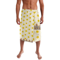 Men's wrap skirt in cream with yellow flower print and blue border