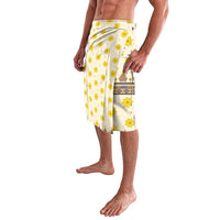 Men's wrap skirt in cream with yellow flower pattern and blue band at hem
