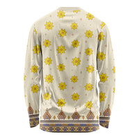 Unisex long-sleeve dashiki shirt, cream with yellow floral print and patterned hem border