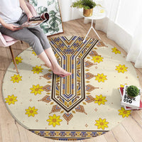 Round beige carpet with central blue-gold medallion and yellow daisy pattern